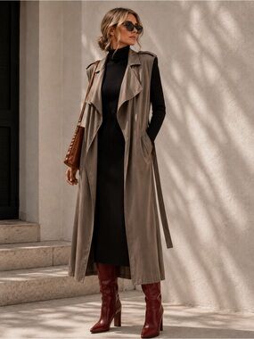 Rudsak Faux Suede Duster Wrap Vest / Trench in a soft taupe. Large